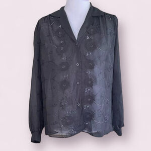 Vintage Black Floral Eyelet Blouse XL